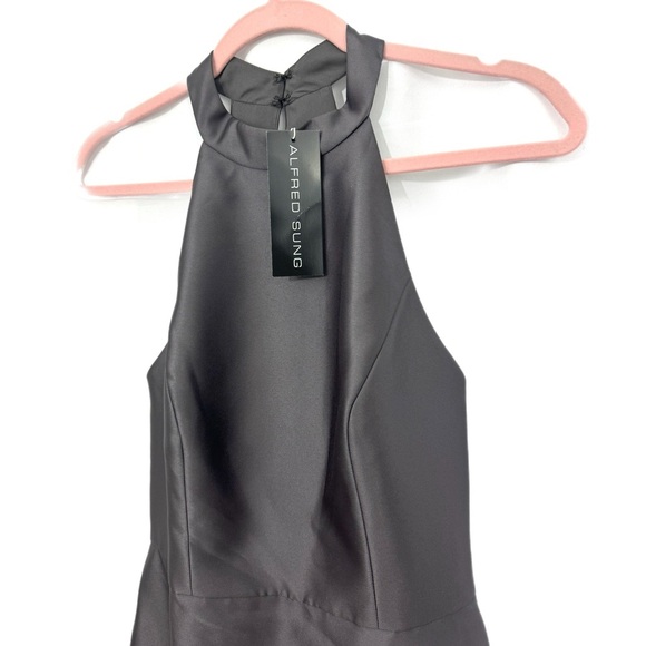ALFRED SUNG Gown Halter Dress Caviar Gray Satin Twill Pockets Sz 8 NWT $248 D772 - Picture 4 of 13